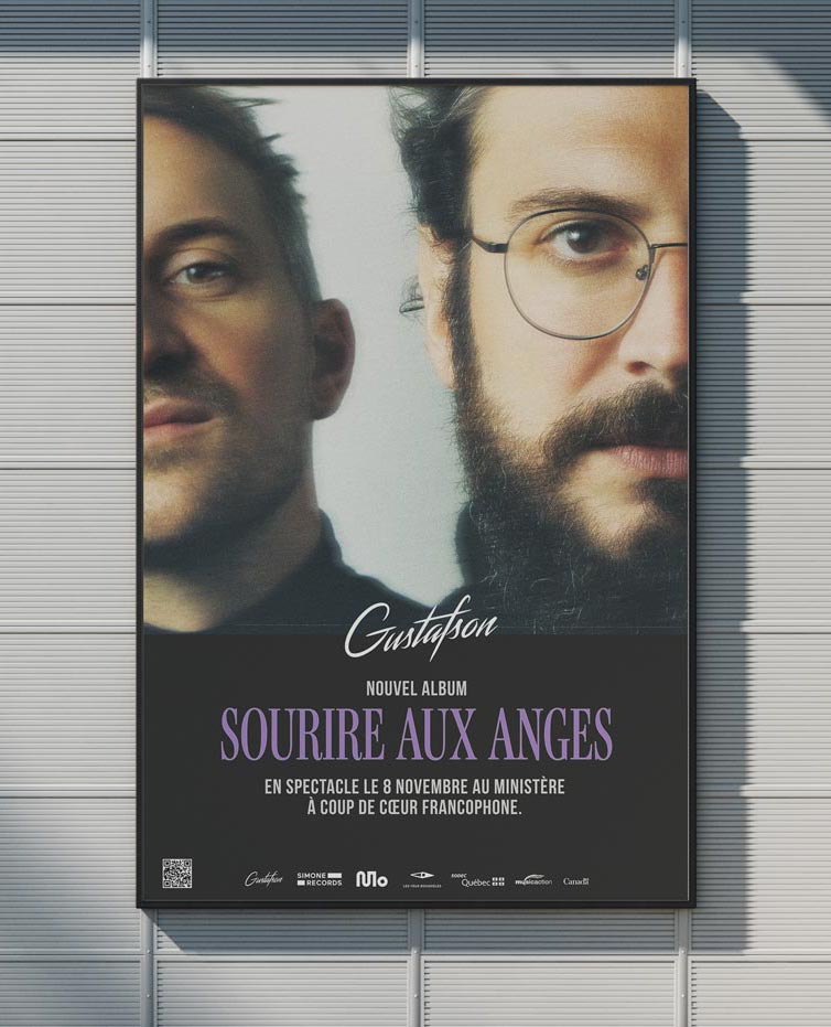 Affiche du groupe Gustafson pour leur album Sourire aux Anges. L’image présente un gros plan des visages des deux membres du groupe, avec un texte violet annonçant un spectacle le 8 novembre au Ministère.